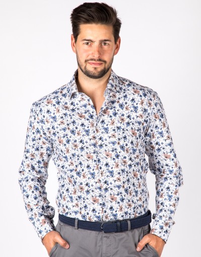 Koszula męska w beżowo niebieskie kwiaty KR1123