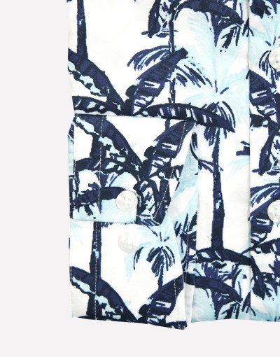 Koszula męska KT4129 biała w niebieskie palmy