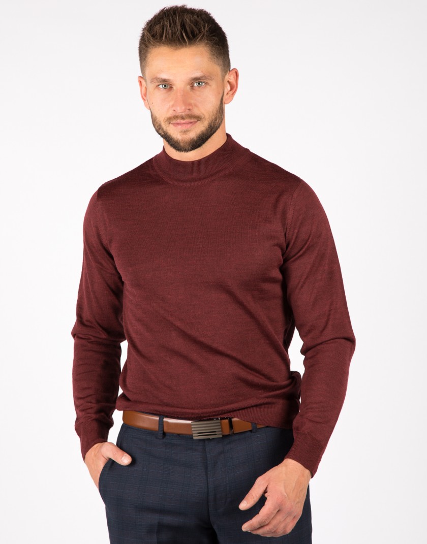 Bordowy Sweter męski z wełną merino-półgolf CT0096