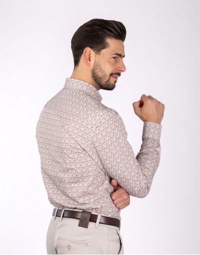 Beżowa koszula męska w bordowy wzór paisley KM7009