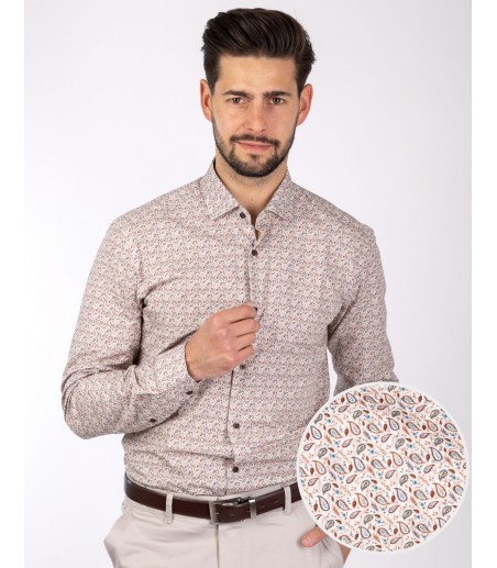 Beżowa koszula męska w bordowy wzór paisley KM7009