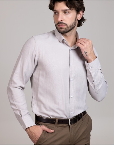 Beżowa koszula męska z tkaniny strukturalnej KT4180
