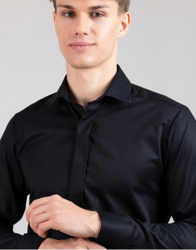 Czarna Koszula męska z krytą plisą, na spinki KR1152