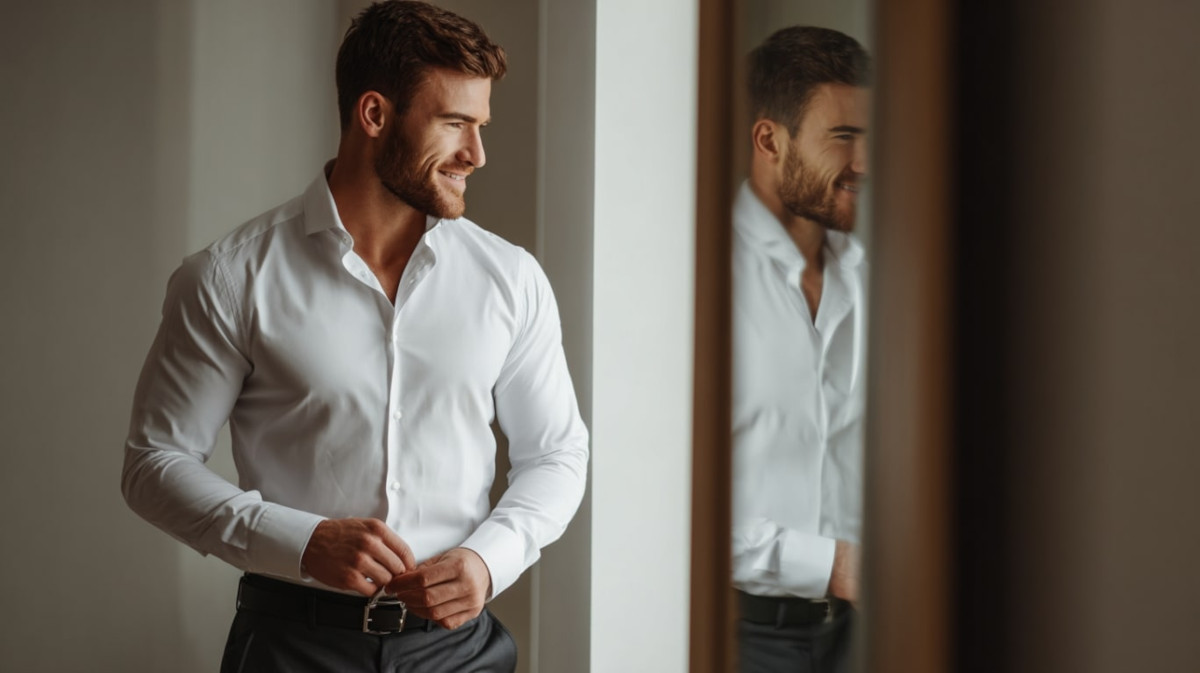 Mężczyzna w białej koszuli slim i dopasowanych spodniach